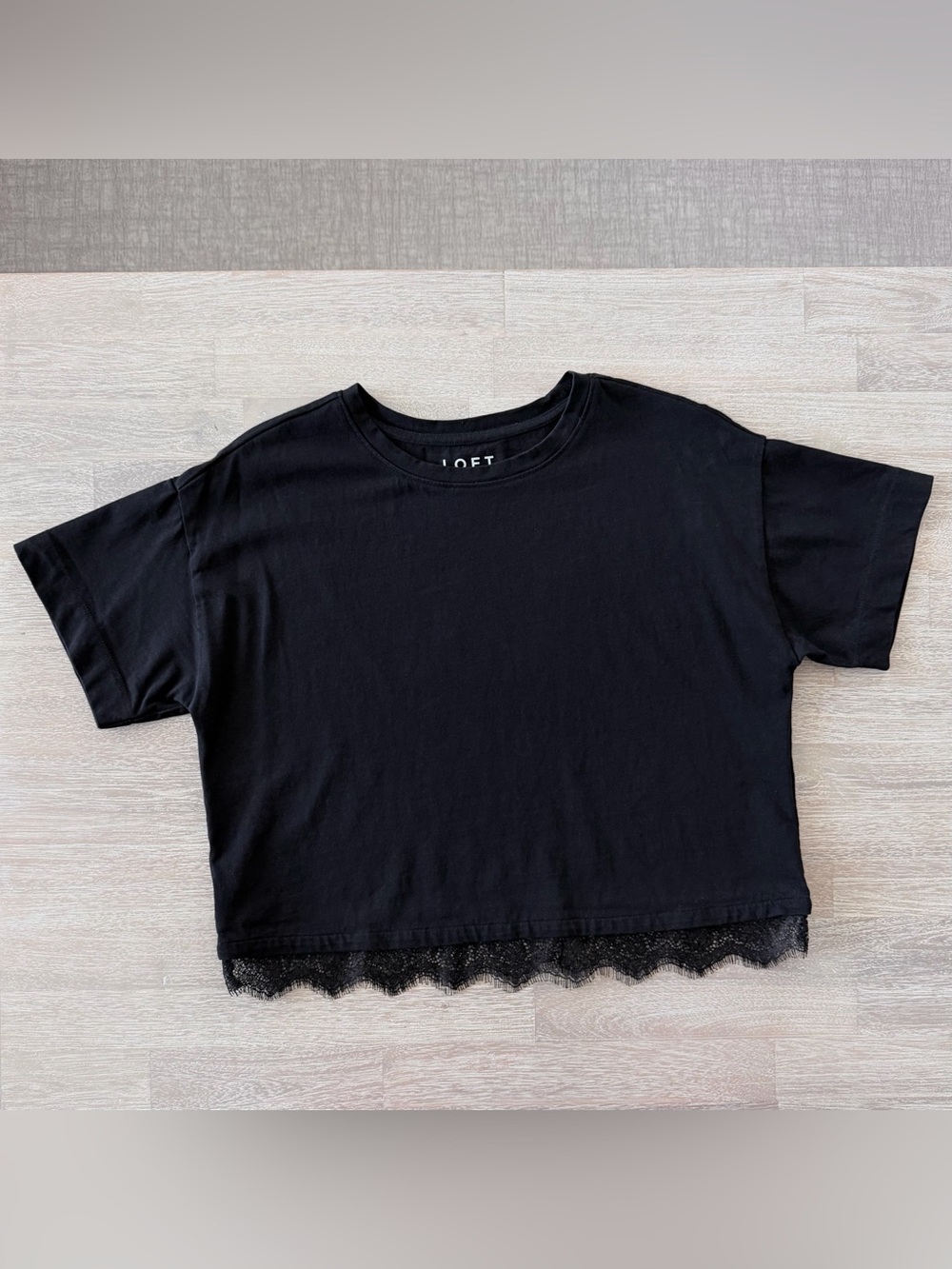 LOFT Black Lace Hem Crop Tee | Size Small - Picture 3 of 7